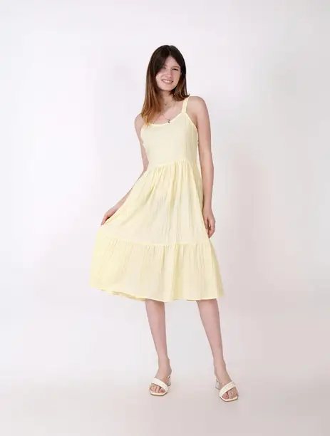Lemon Yellow Textured Tiered Midi Dress